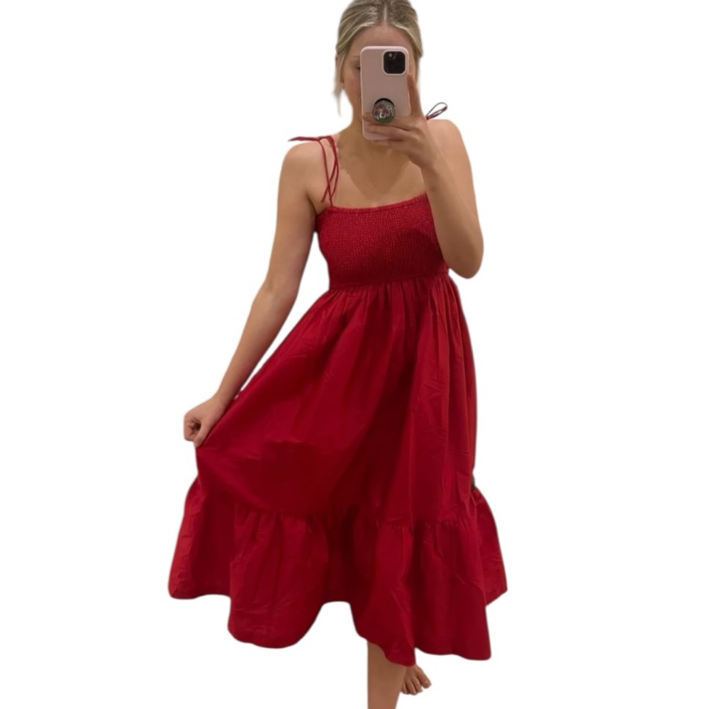 NWOT Anthropologie Dhruv Kapoor Red Smocked Bodice Tiered Midi Dress Size L - Picture 12 of 12